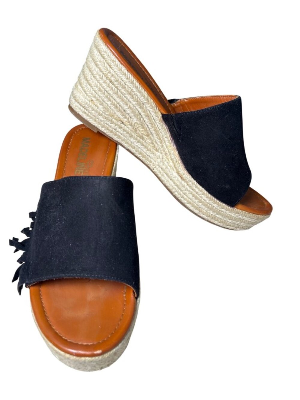Madeline Girl DASHED Black Suede Wedge Sandals Women's 10 Fringe Slip On
